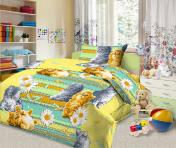 Комплект постельного белья 1,5-спальный, бязь "Комфорт", детская расцветка (Кис-Кис, желтый)